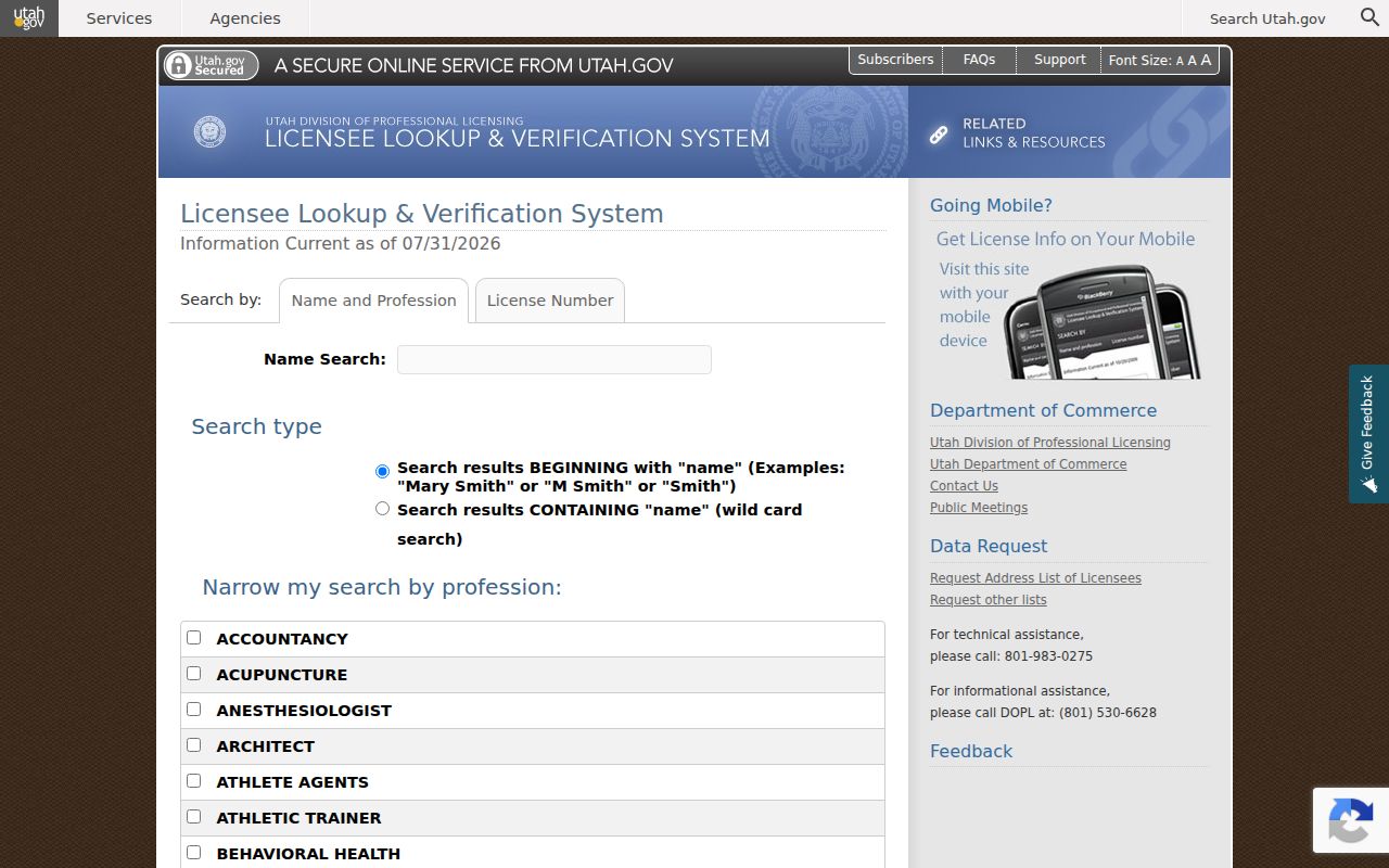 Syracuse people search Utah professional license verification form