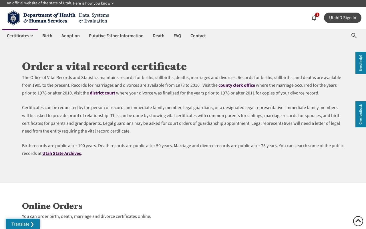 Syracuse public records access through the Utah vital certificate order page